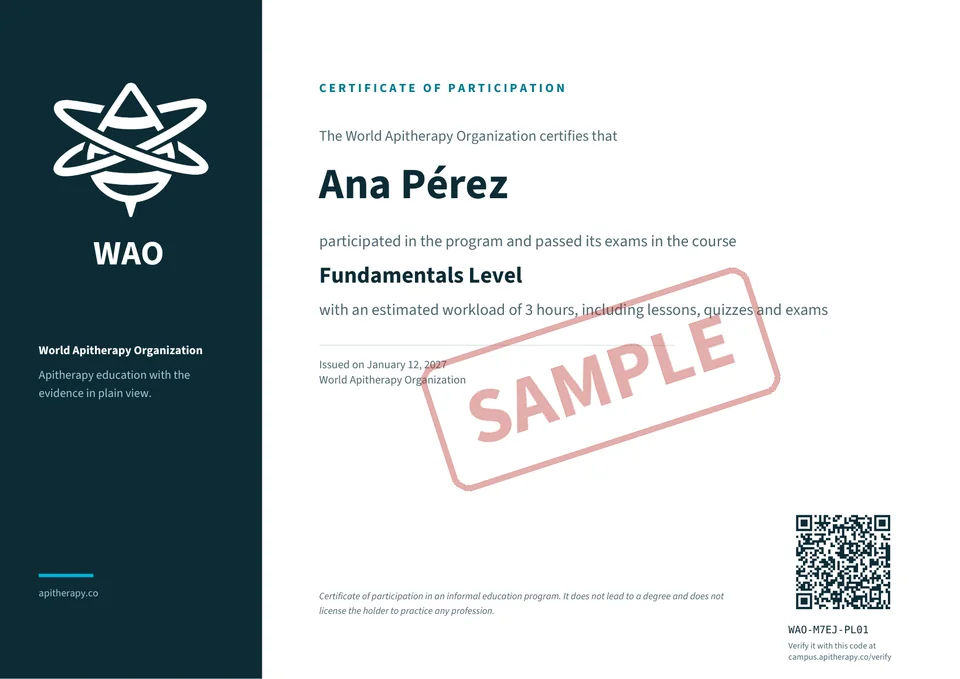 This is what your certificate of participation looks like. Anyone can verify it with the code or the QR.