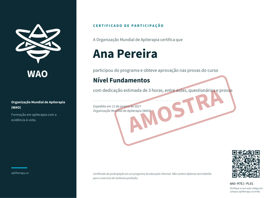Assim é o seu certificado de participação. Qualquer pessoa o verifica com o código ou o QR.